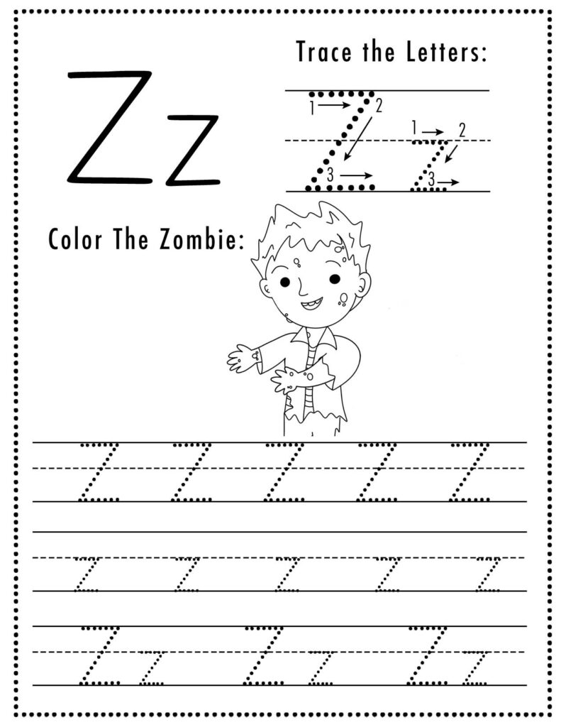 Free Halloween Themed Letter Tracing Worksheet Letter Z is for Zombie