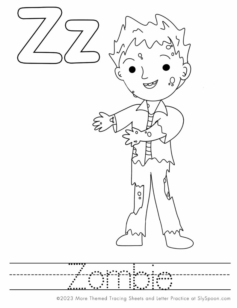 Free Printable Halloween Themed Letter Z Coloring Worksheet - Z is for Zombie