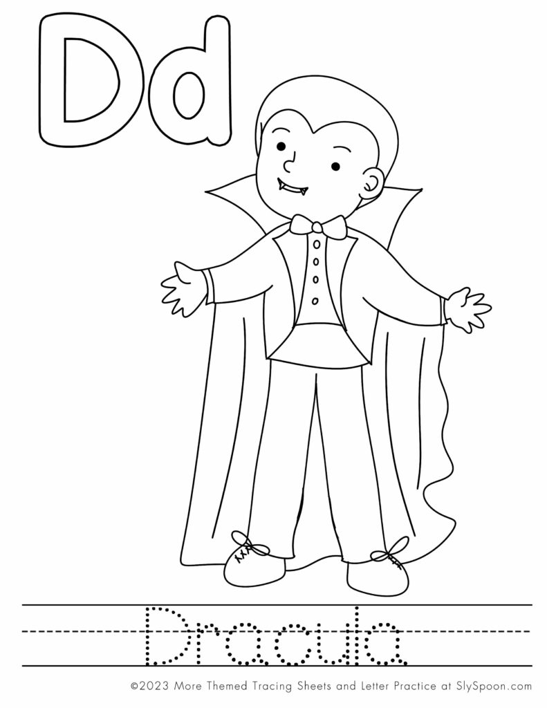 Free Printable Halloween Themed Letter D Coloring Worksheet - A is for Dracula