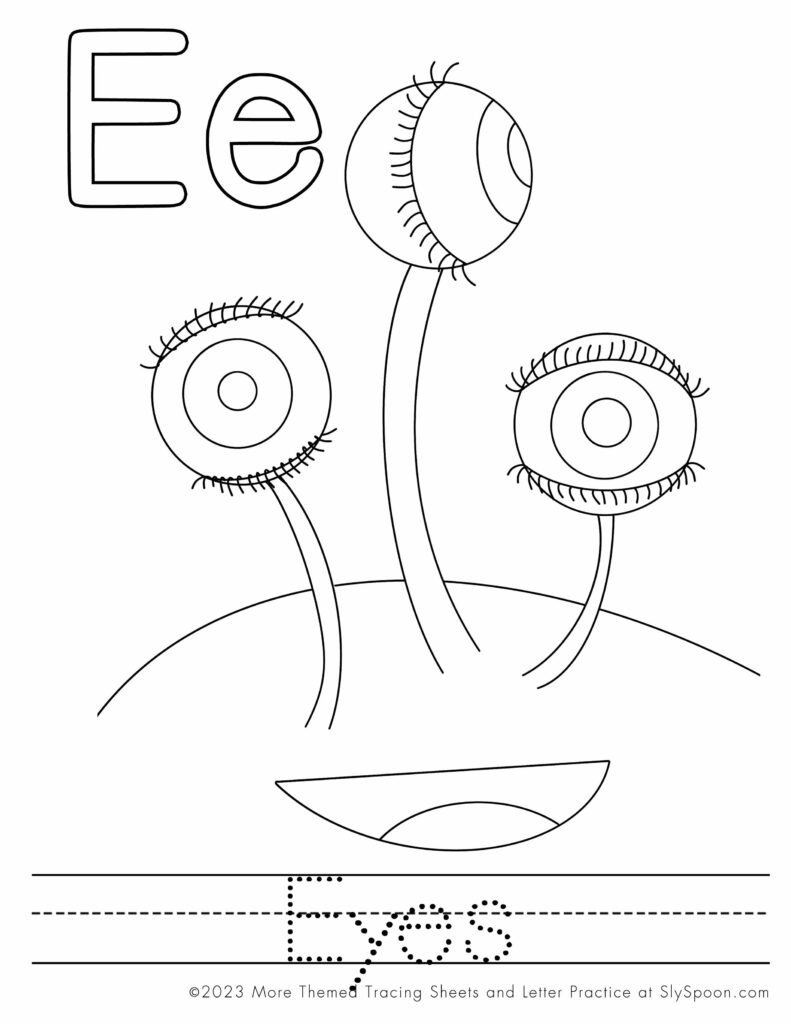 Halloween Themed Free Printable Letter E is for Eyeballs Coloring Page Letter Worksheet
