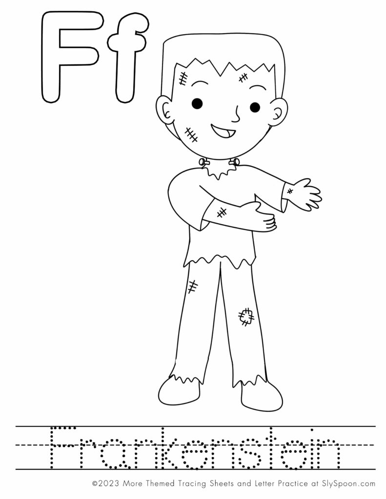 Free Printable Halloween Themed Letter A Coloring Worksheet - F is for Frankenstein