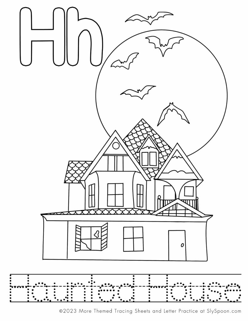 Free Printable Halloween Themed Letter H Coloring Worksheet - H is for Haunted House