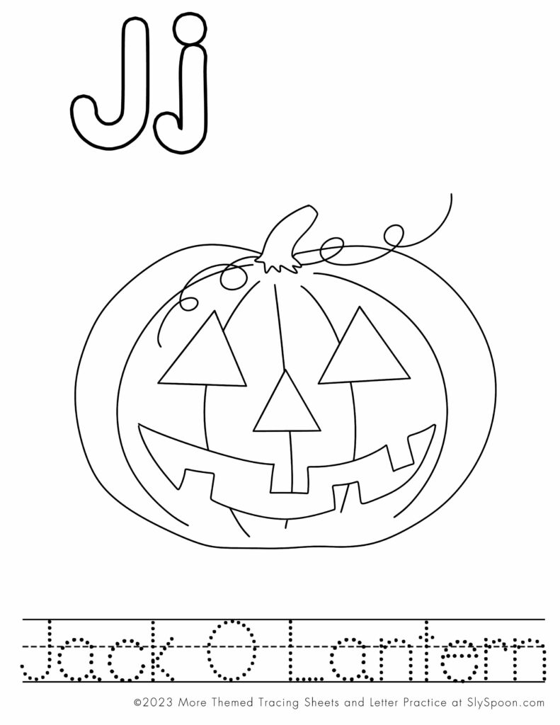 Free Printable Halloween Themed Letter J Coloring Worksheet - J is for Jack O Lantern