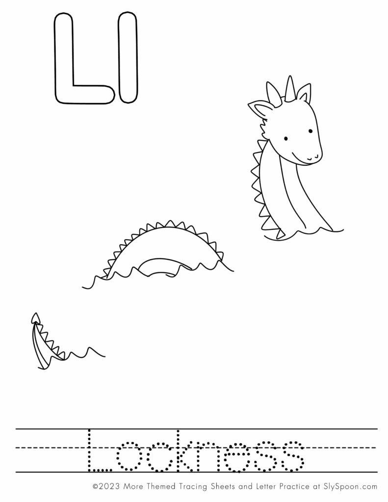 Free Printable Halloween Themed Letter L Coloring Worksheet - L is for Lockness Monster