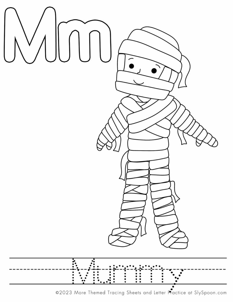 Free Printable Halloween Themed Letter M Coloring Worksheet - M is for Mummy