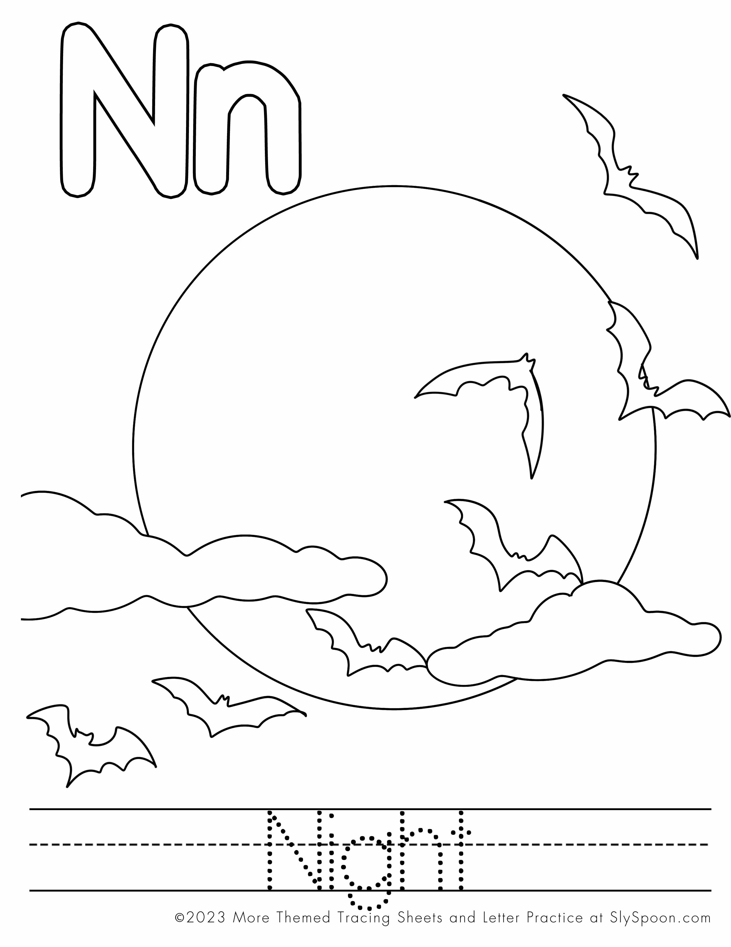 Free Printable Halloween Themed Letter N Coloring Worksheet - N is for Night
