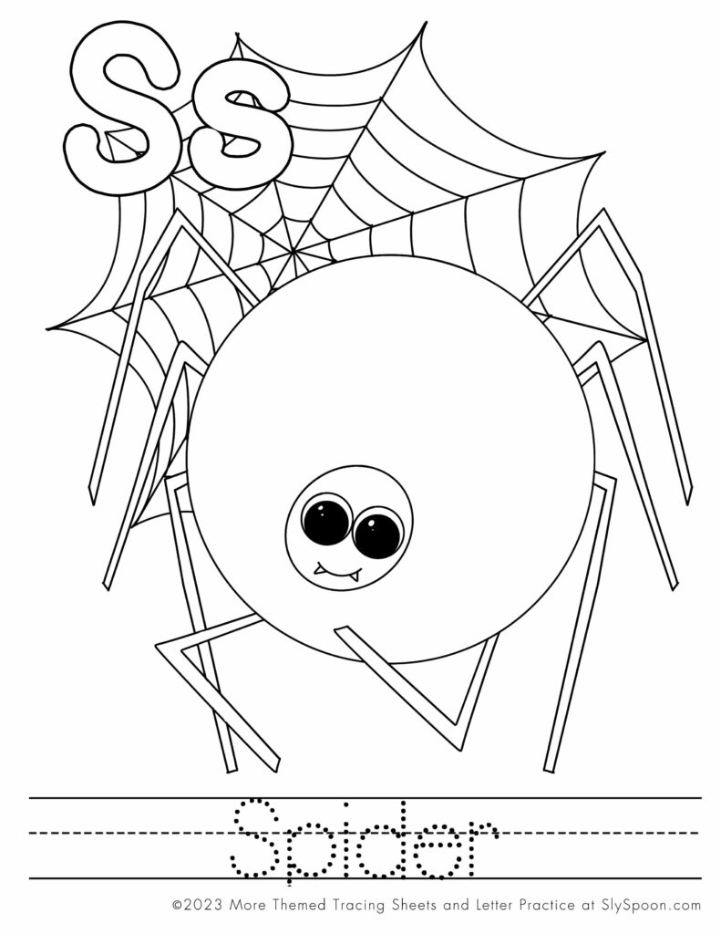 Free Printable Halloween Themed Letter S Coloring Worksheet - S is for Spider