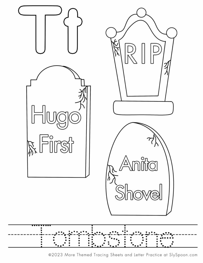 Free Halloween Themed Coloring Pages letter worksheet T is for Tombstone