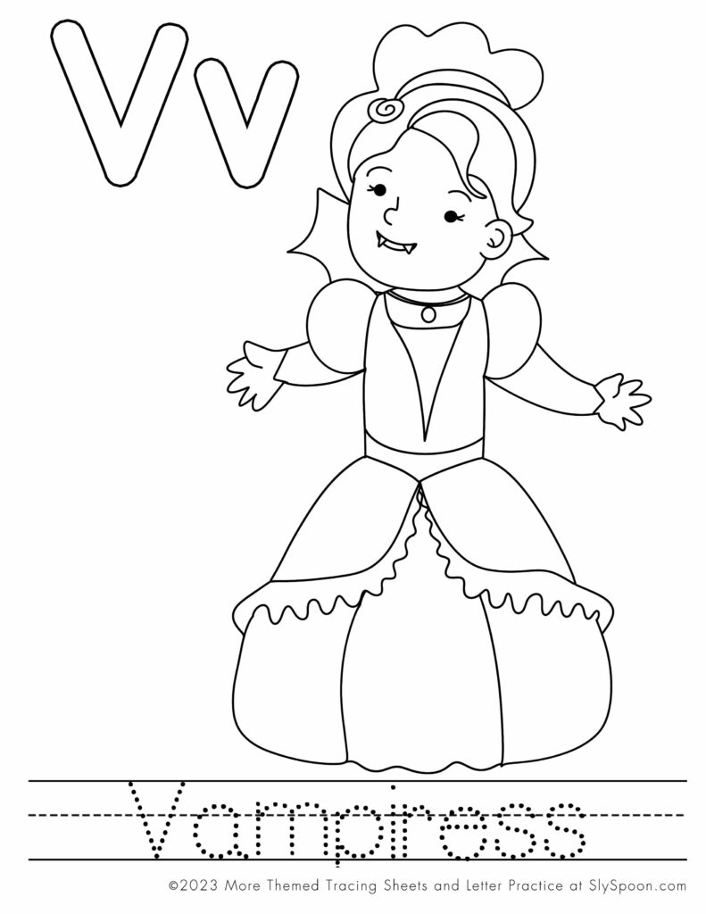 Free Printable Halloween Themed Letter V Coloring Worksheet - V is for Vampiress