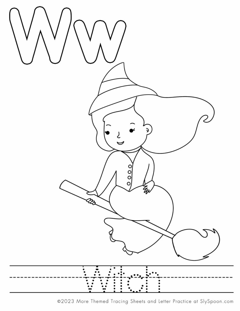 Free Printable Halloween Themed Letter W Coloring Worksheet - W is for Witch