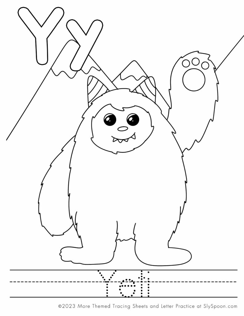 Free Printable Halloween Themed Letter Y Coloring Worksheet - Y is for Yeti