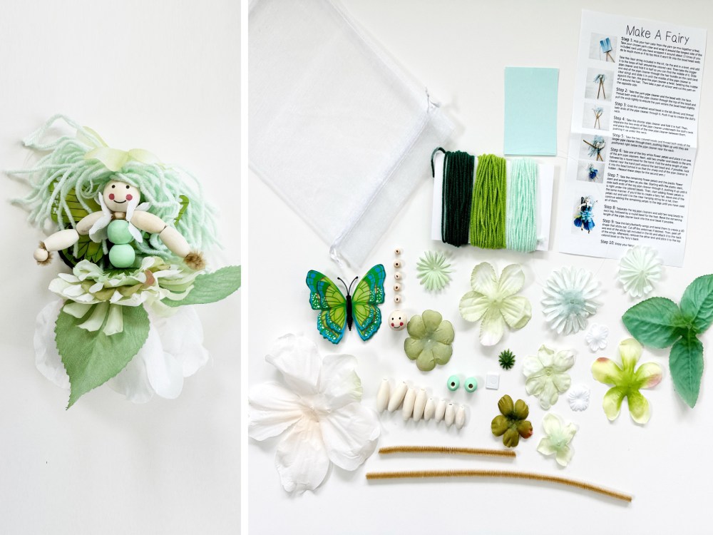 Green Fairy Craft Kit featuring green yarn hair, floral details, leaf wings, and wood bead doll parts