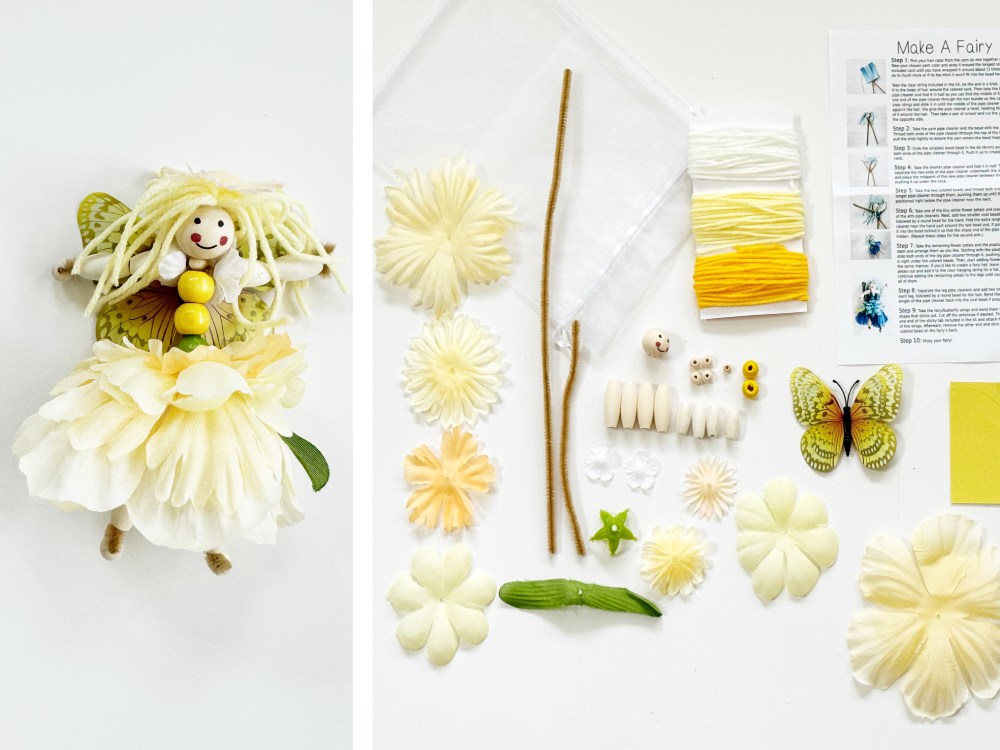 Yellow DIY Fairy Craft Kit with golden hair, floral skirt, yellow wings, and wooden bead components