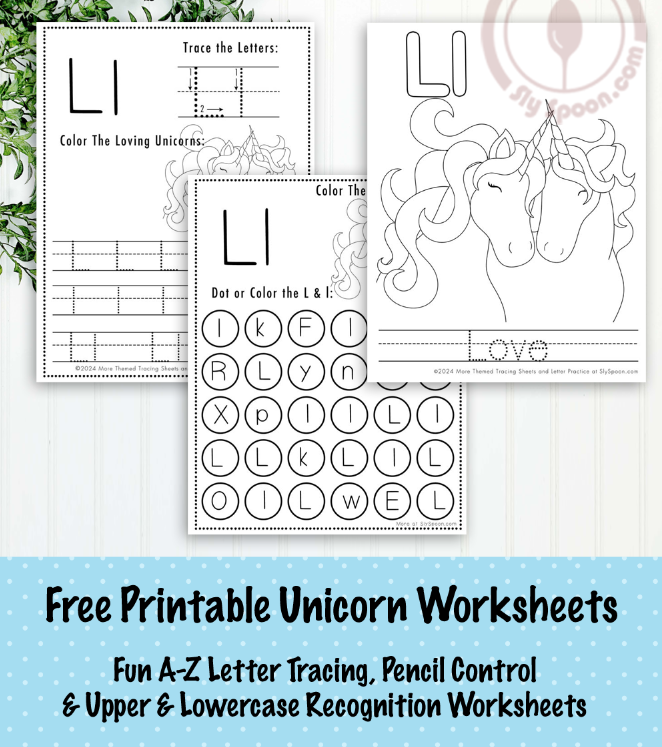 Free Printable Unicorn Themed Letter L Worksheets For Kids - Letter Tracing Pages, Dot Pages, and Coloring Worksheets