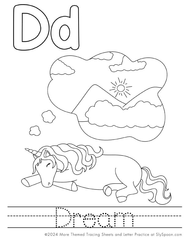 Free Printable Unicorn Themed Letter D Coloring Pages For Kids - Preschool Kindergarten 