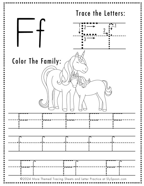 Free Printable Unicorn Themed Letter Tracing Worksheet Letter F - Upper and Lowercase Letter F