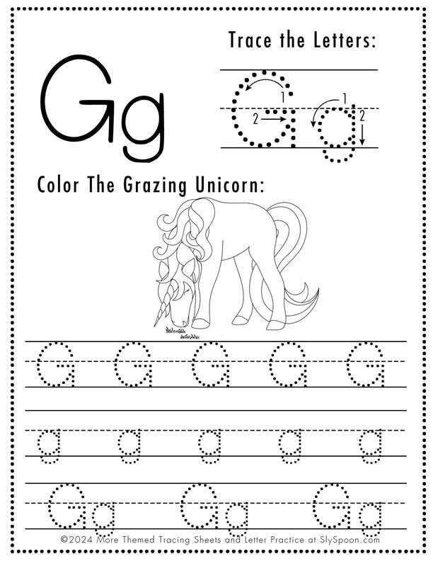 Free Printable Unicorn Themed Letter Tracing Worksheet Letter G - Upper and Lowercase Letter G