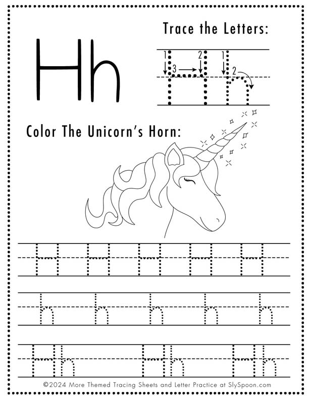 Free Printable Unicorn Themed Letter Tracing Worksheet Letter H - Upper and Lowercase Letter H