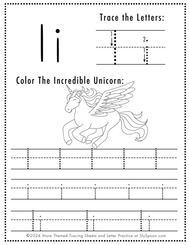 Free Printable Unicorn Themed Letter Tracing Worksheet Letter I - Upper and Lowercase Letter I