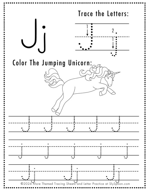 Free Printable Unicorn Themed Letter Tracing Worksheet Letter J - Upper and Lowercase Letter J
