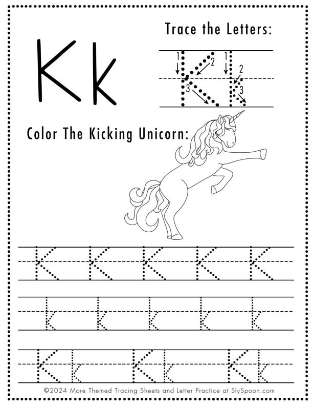 Free Printable Unicorn Themed Letter Tracing Worksheet Letter K - Upper and Lowercase Letter K