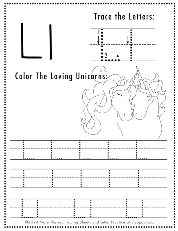 Free Printable Unicorn Themed Letter Tracing Worksheet Letter L - Upper and Lowercase Letter L