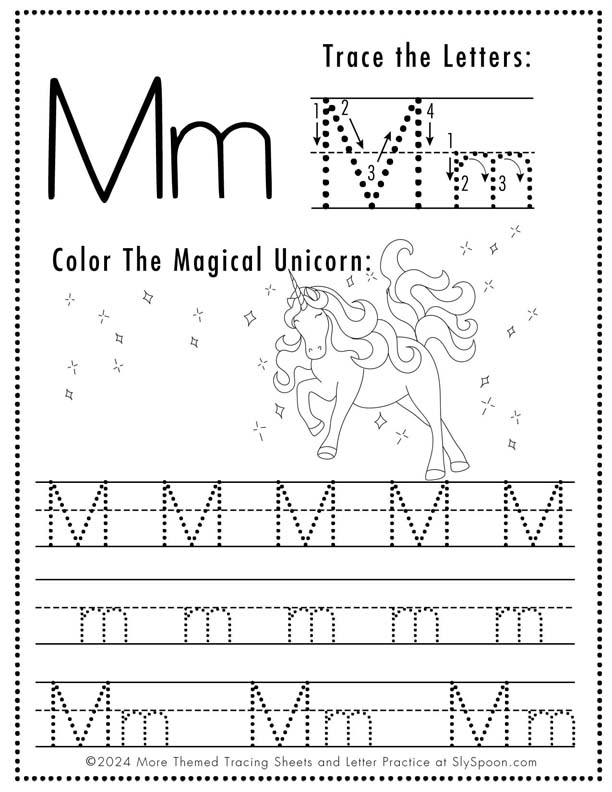 Free Printable Unicorn Themed Letter Tracing Worksheet Letter M - Upper and Lowercase Letter M