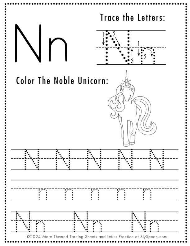 Free Printable Unicorn Themed Letter Tracing Worksheet Letter N - Upper and Lowercase Letter N