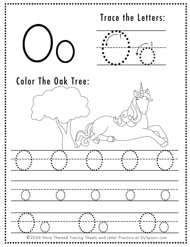 Free Printable Unicorn Themed Letter Tracing Worksheet Letter O - Upper and Lowercase Letter O