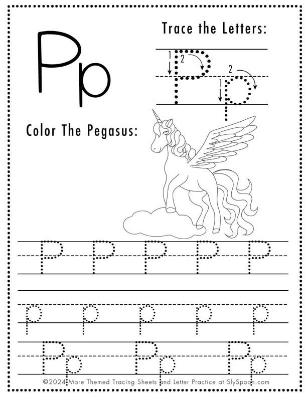 Free Printable Unicorn Themed Letter Tracing Worksheet Letter P - Upper and Lowercase Letter P