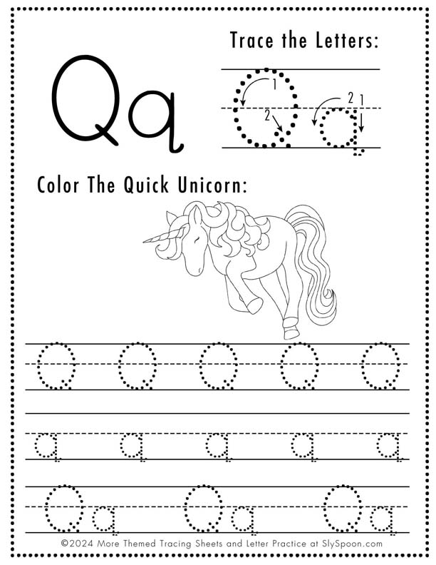 Free Printable Unicorn Themed Letter Tracing Worksheet Letter Q - Upper and Lowercase Letter Q