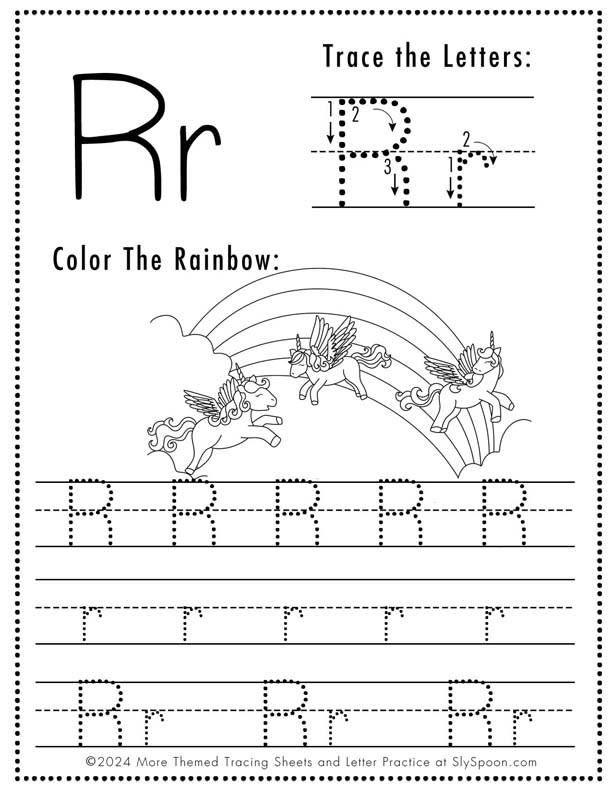 Free Printable Unicorn Themed Letter Tracing Worksheet Letter R - Upper and Lowercase Letter R