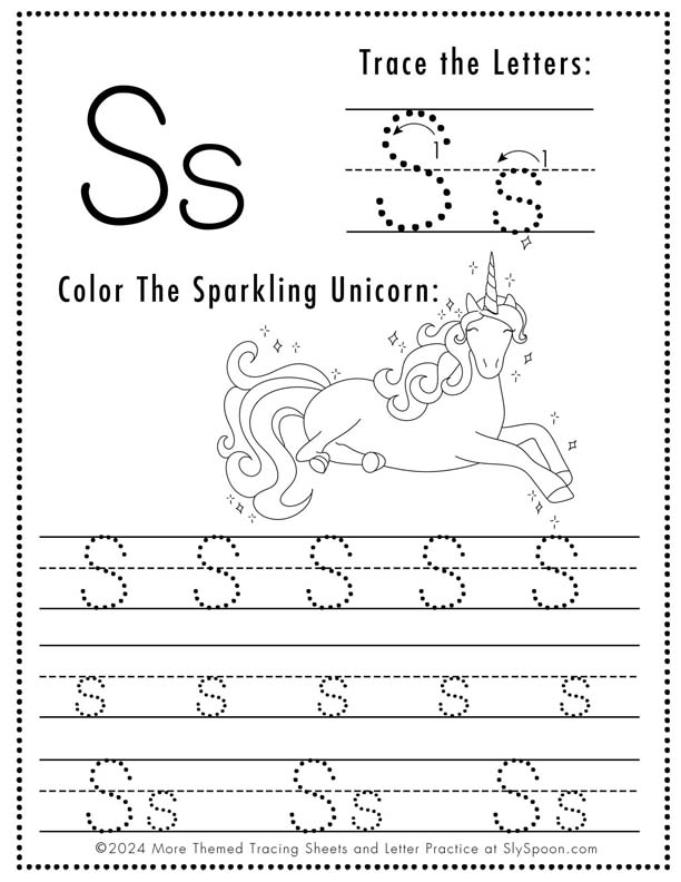 Free Printable Unicorn Themed Letter Tracing Worksheet Letter S - Upper and Lowercase Letter S