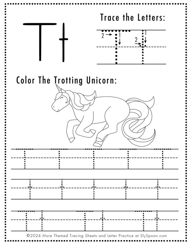 Free Printable Unicorn Themed Letter Tracing Worksheet Letter T - Upper and Lowercase Letter T