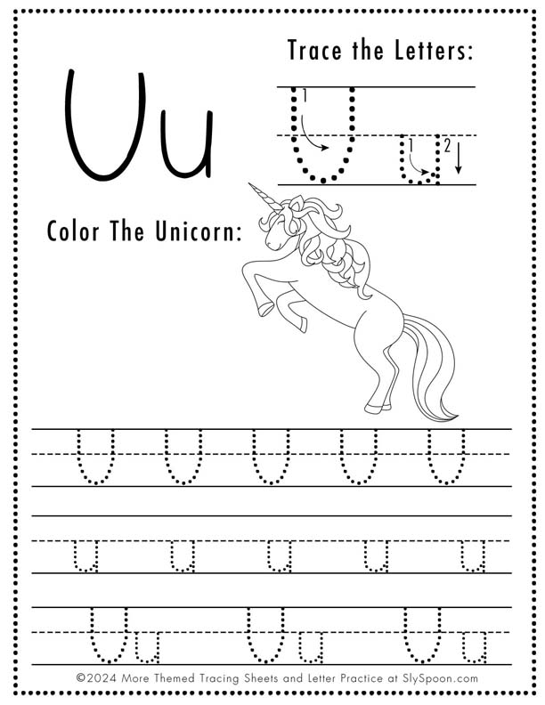 Free Printable Unicorn Themed Letter Tracing Worksheet Letter U - Upper and Lowercase Letter U