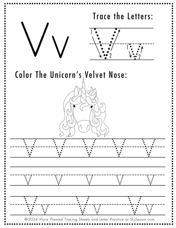 Free Printable Unicorn Themed Letter Tracing Worksheet Letter V - Upper and Lowercase Letter V