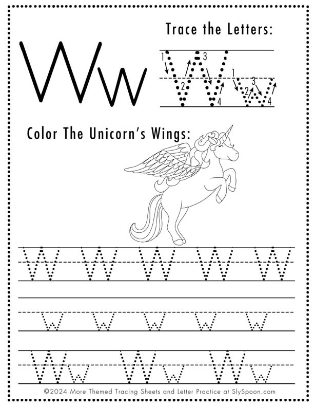 Free Printable Unicorn Themed Letter Tracing Worksheet Letter W - Upper and Lowercase Letter W