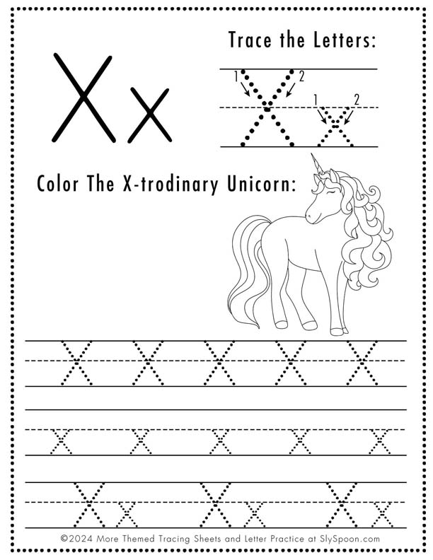 Free Printable Unicorn Themed Letter Tracing Worksheet Letter X - Upper and Lowercase Letter X