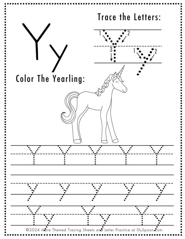 Free Printable Unicorn Themed Letter Tracing Worksheet Letter Y - Upper and Lowercase Letter Y