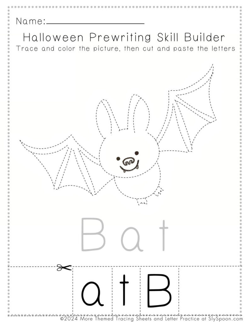 Free Printable Halloween Worksheets for Preschoolers - Prewriting Cut and Paste Bat