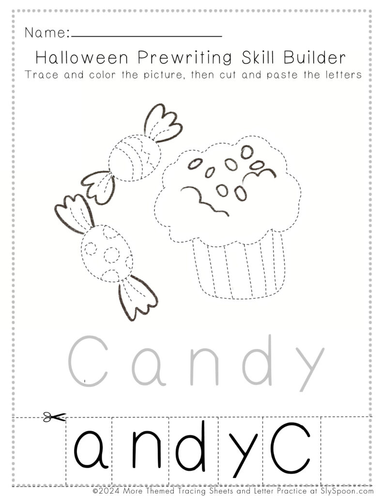 Free Printable Halloween Worksheets for Preschoolers - Prewriting Cut and Paste Candy