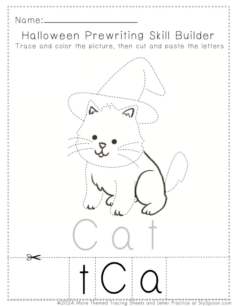 Free Printable Halloween Worksheets for Preschoolers - Prewriting Cut and Paste Cat