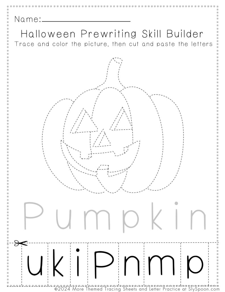 Free Printable Halloween Worksheets for Preschoolers - Prewriting Cut and Paste Jack-o-lantern Pumpkin