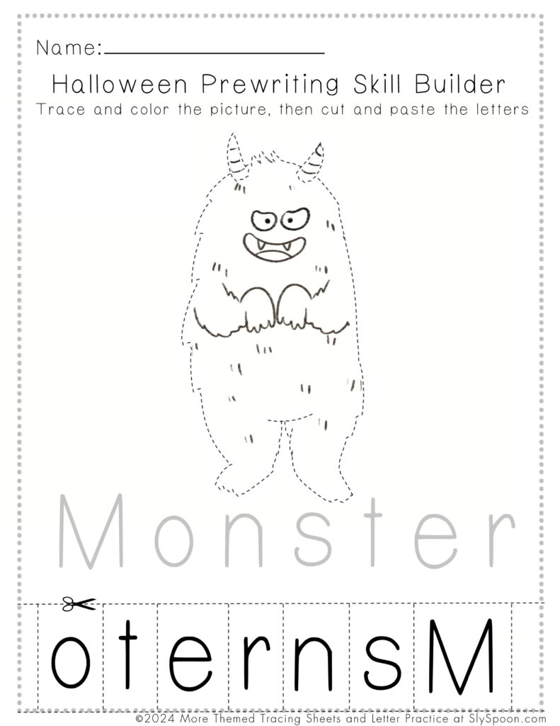 Free Printable Halloween Worksheets for Preschoolers - Prewriting Cut and Paste Monster