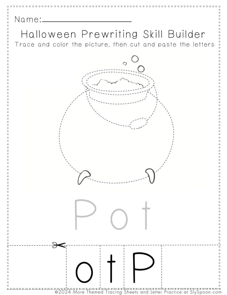 Free Printable Halloween Worksheets for Preschoolers - Prewriting Cut and Paste Cauldron Potion Pot