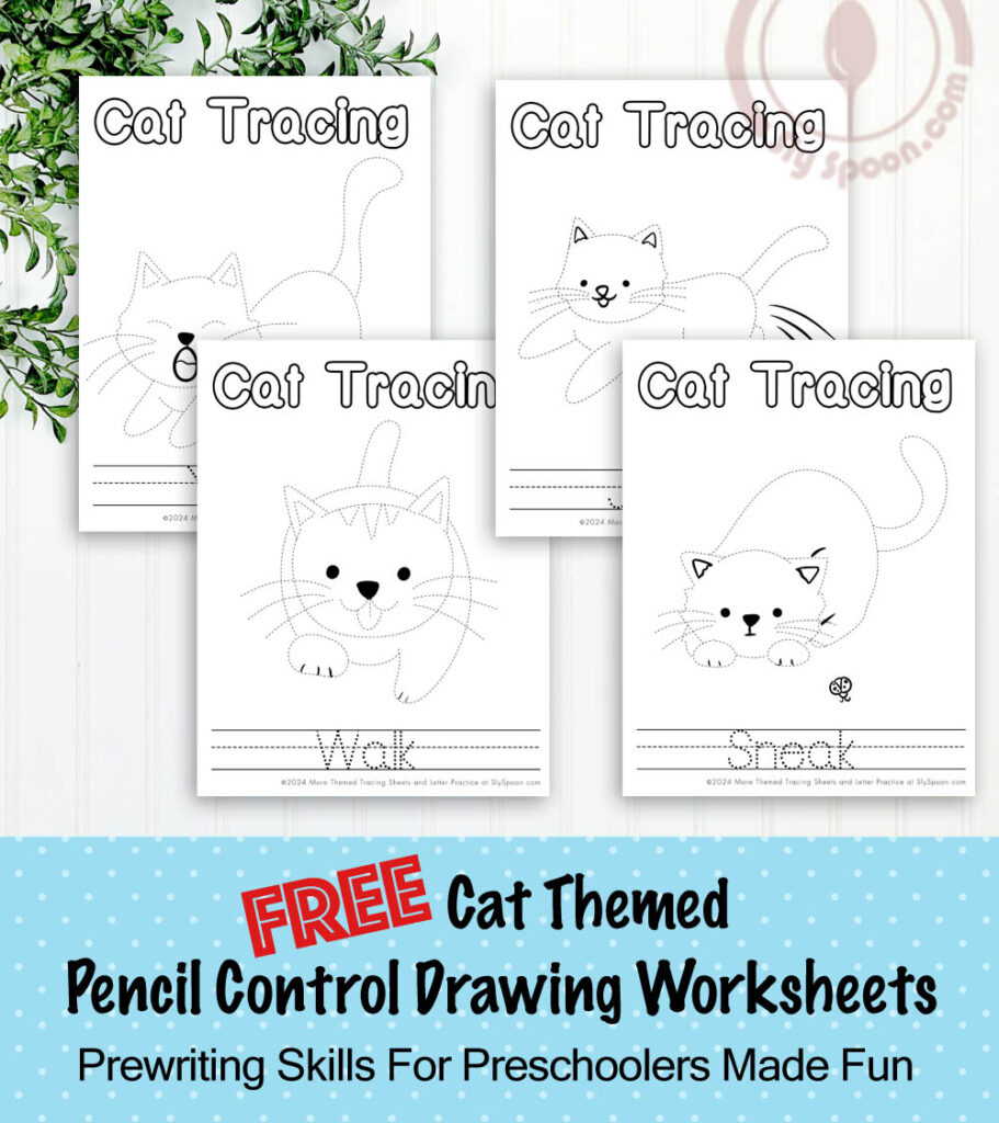 Dotted Cat Coloring Pages where the cats are outlined and intended for children to trace over and "draw" them. 