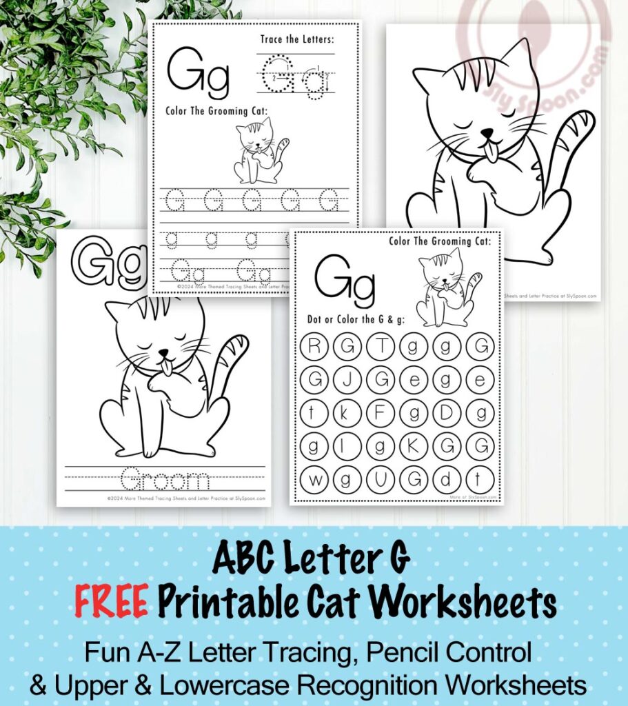 Free Printable Cat Kitty Kitten Themed Letter G Worksheets For Kids - Letter Tracing Pages, Dot Pages, and Coloring Worksheets