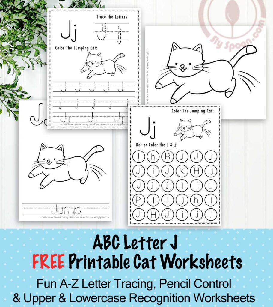 Free Printable Cat Kitty Kitten Themed Letter J Worksheets For Kids - Letter Tracing Pages, Dot Pages, and Coloring Worksheets