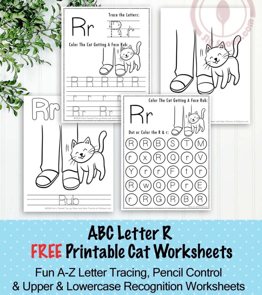 Free Printable Cat Kitty Kitten Themed Letter R Worksheets For Kids - Letter Tracing Pages, Dot Pages, and Coloring Worksheets