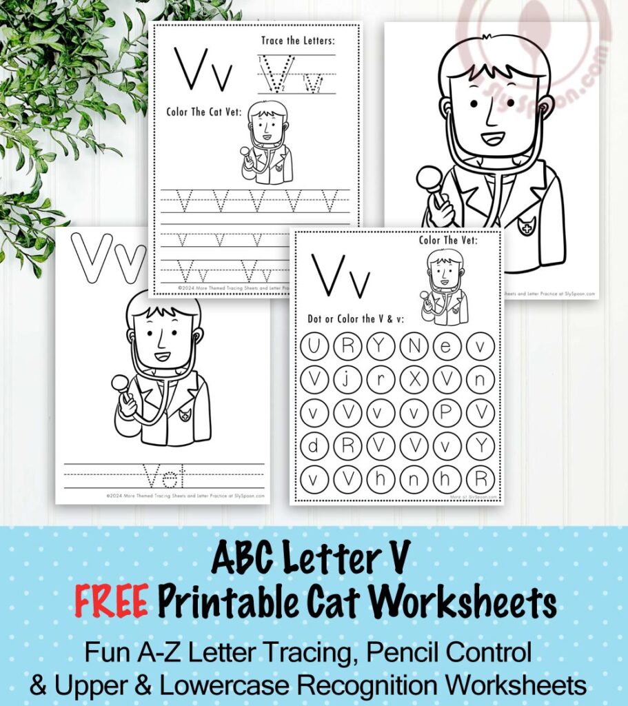 Free Printable Cat Kitty Kitten Themed Letter V Worksheets For Kids - Letter Vracing Pages, Dot Pages, and Coloring Worksheets